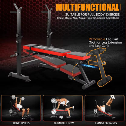 600LBS 6 in 1 Adjustable Weight Bench Set with Incline Decline Flat Sit-Up Function and Squat Rack Foldable Home Gym Workout Be