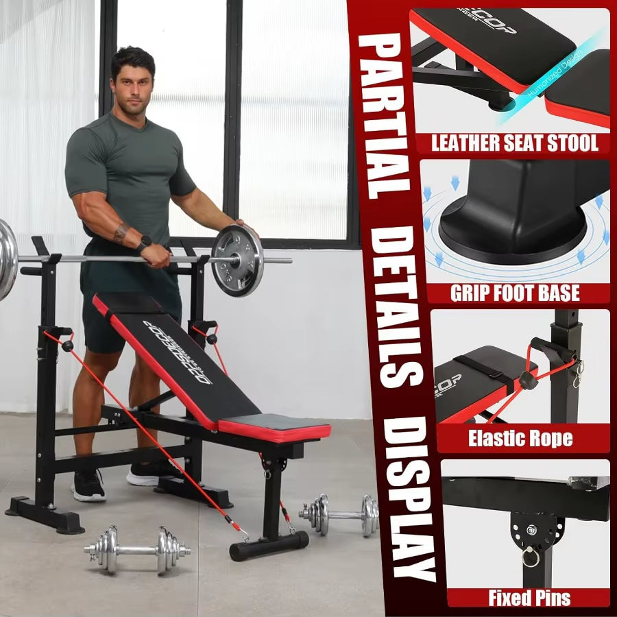 600Lbs 6-In-1 Adjustable Weight Bench Set with Integrated Squat Rack and Foldable Design for Home Gym Use Features Removable Fo