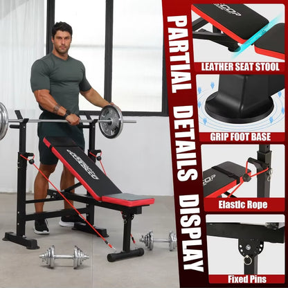 600Lbs 6-In-1 Adjustable Weight Bench Set with Integrated Squat Rack and Foldable Design for Home Gym Use Features Removable Fo