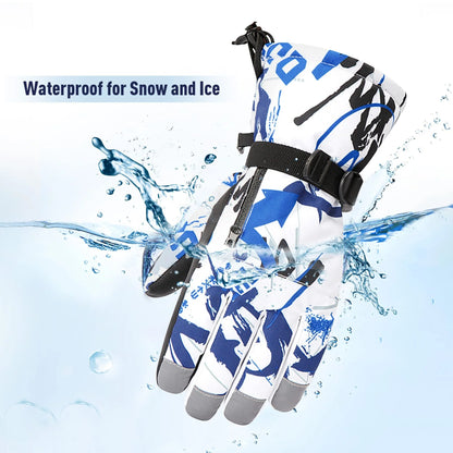 Boys Snowboard Sled Gloves Kids Touchscreen Snow Gloves Girls Windproof Winter Gloves Waterproof Snow Ski Gloves for Kids Graffiti Blue 7-10 Years
