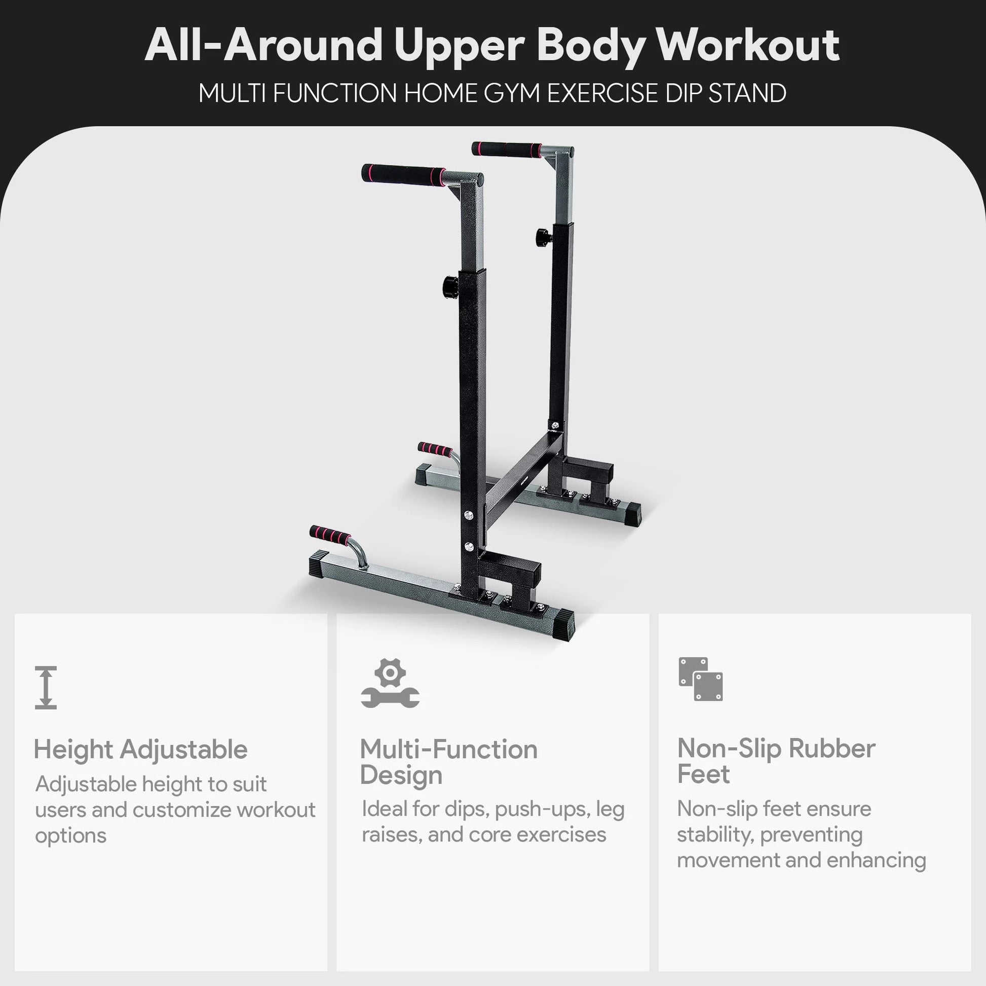 Steel Frame Dip Station with Adjustable Height, 500 Lb Weight Capacity, Black