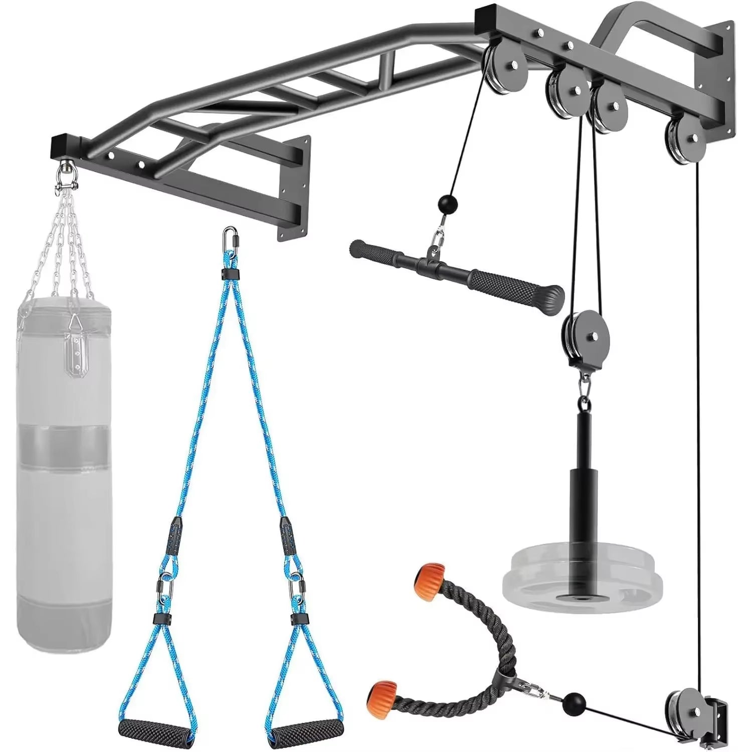 YOU-48'' Heavy Duty Pull up Bar Wall Mount Multi-Function Chin up Bar with Home Gym Cable Pulley System LAT Pulldown Workout