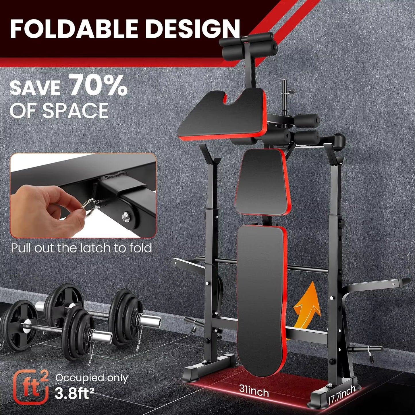 6 in 1 660Lbs Weight Bench Set with Squat Rack, Bench Press Set with Barbell Rack, Adjustable Incline Strength Training Workout